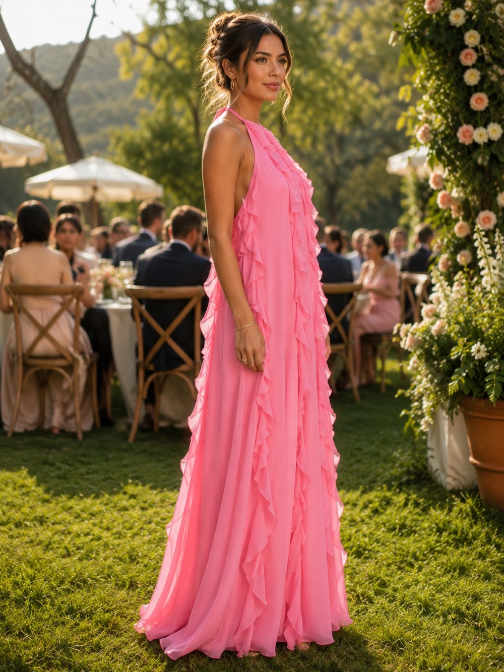 NWT STAUD Marike Coral Pink Ruffle Halter Maxi Dress Wedding Guest Dress Size 4 - Picture 3 of 8